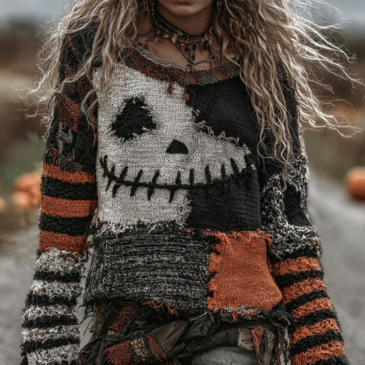 Halloween Pumpkin Face Art Cozy Knit Sweater elevenforest