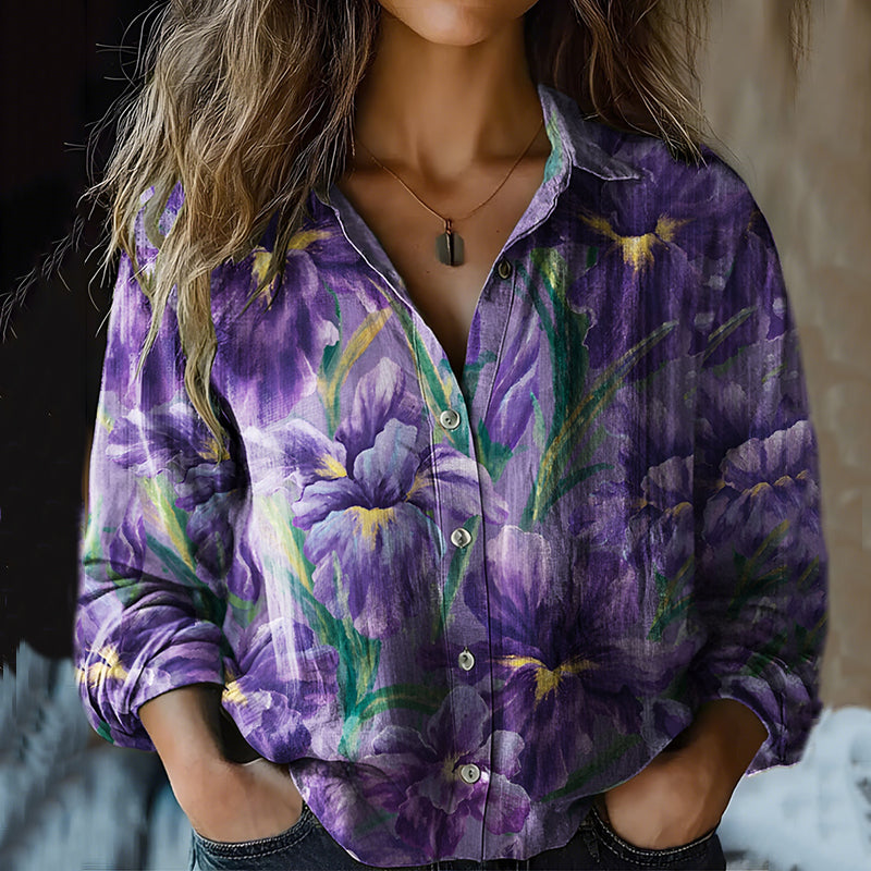 Vintage Floral Linen Print  Long Sleeve Shirt artswardrobe