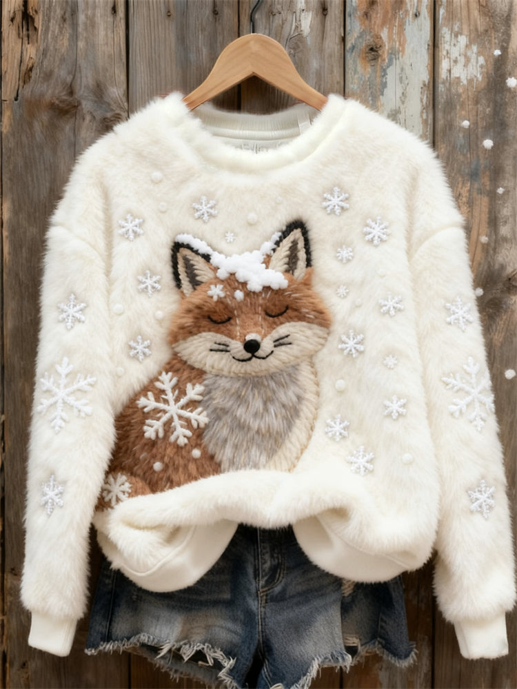 Comstylish Fuzzy Fox In The Snow Snowflakes Cozy Plush Sweatshirt
