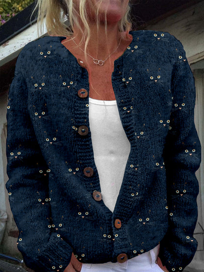 Cute Cat Face Pattern Cozy Knit Cardigan elevenforest