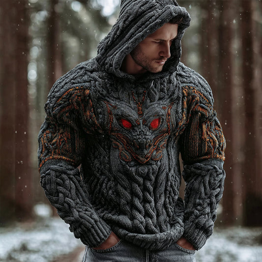 Halloween Red Eye Bat Men's Chunky Knit Hooded Sweater artswardrobe
