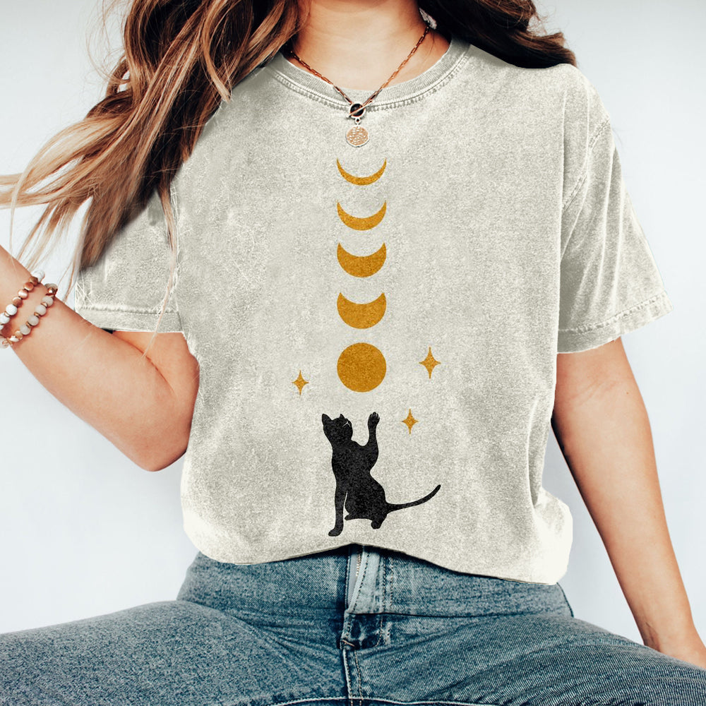 Comstylish Lovely Cat And Moon Art Vintage Washed T Shirt