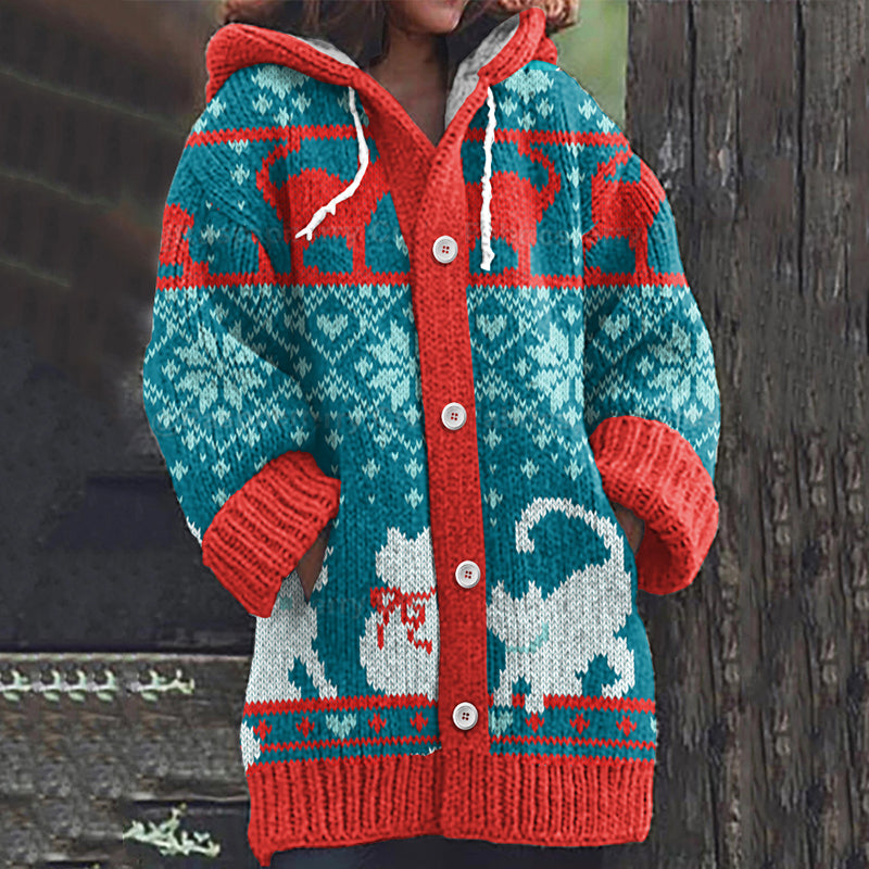 Christmas Snowflake Cat Pattern Women's Cardigan Sweater elevenforest