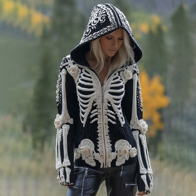 Women's Vintage Skeleton Rose Art Zipper Knit Hooded Sweater artswardrobe
