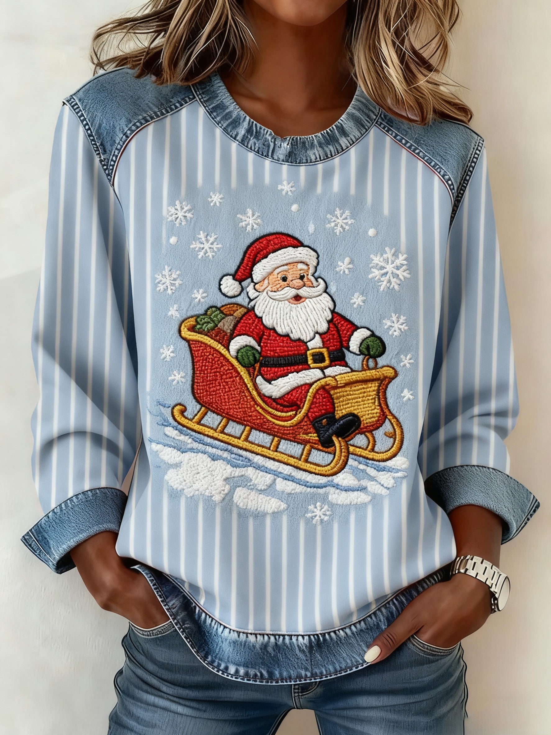 Women's Christmas Casual Lapel Denim Patchwork Pullover Sweatshirt