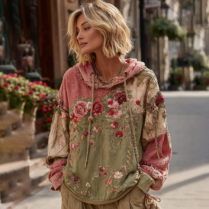 Women's Vintage Floral Embroidery Art Casual Hoodie artswardrobe