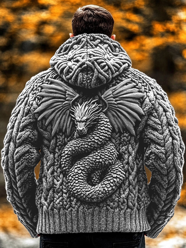 Men's  Dragon Viking Celtic Chunky Knit Hooded Sweater elevenforest