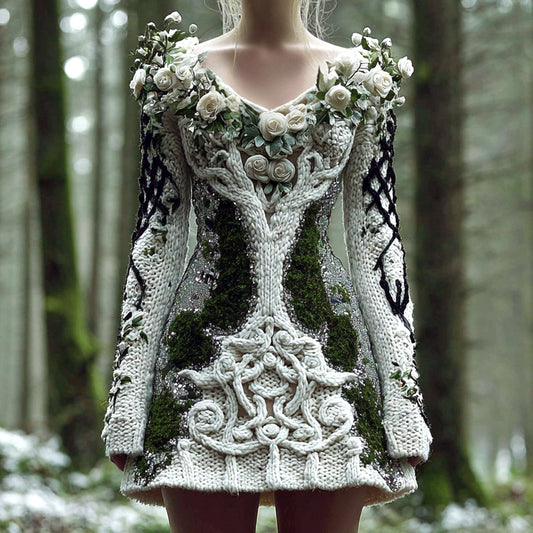 Women's Life Of Tree Celtic Knot With Rose Art Cozy Knit V-neck Sweater Dress artswardrobe