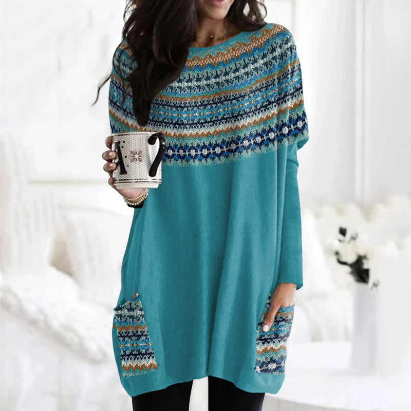 Vintage Icelandic Tribal Graphic Knit Warm Crew Neck Midi Sweater Dress elevenforest