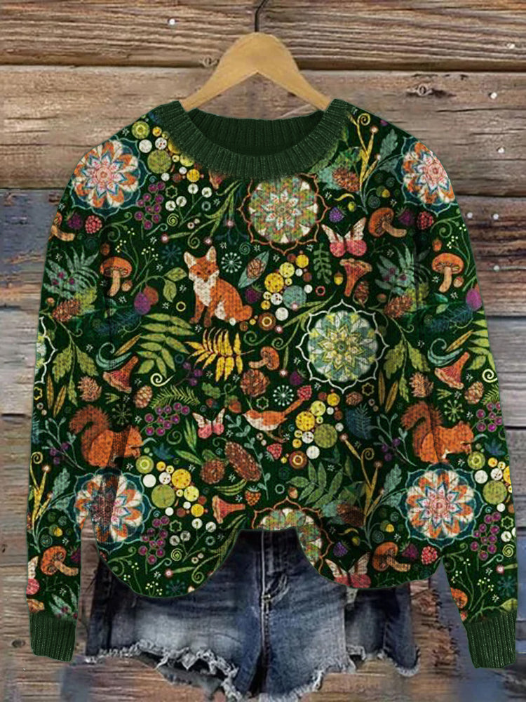 Forest Animals Floral Pattern Cozy Knit Sweater artswardrobe
