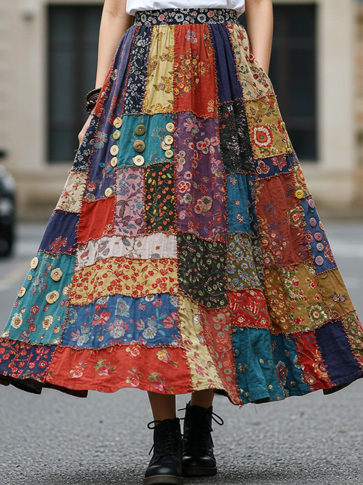 Bohemian Style Colorful Patchwork Ethnic Print Skirt artswardrobe