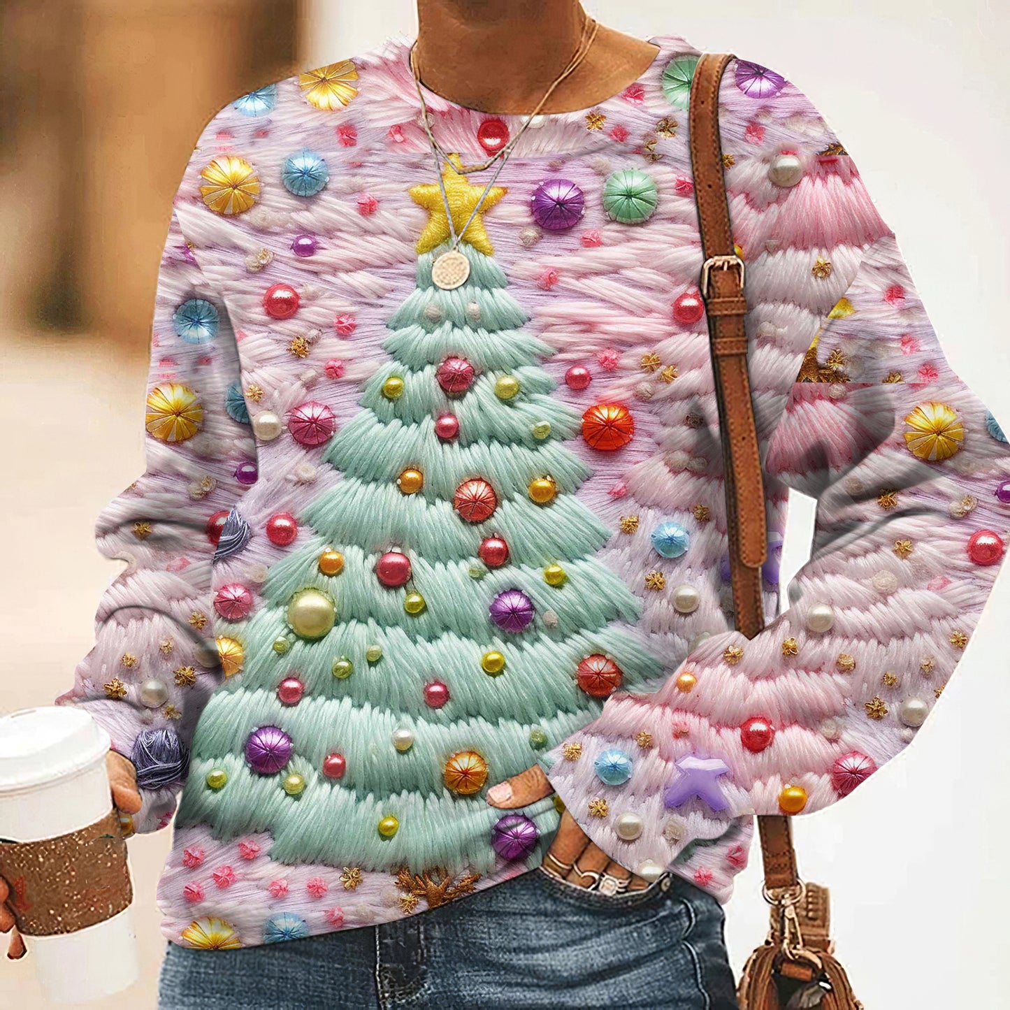 Comstylish Colorful Christmas Tree Pattern Casual Sweatshirt