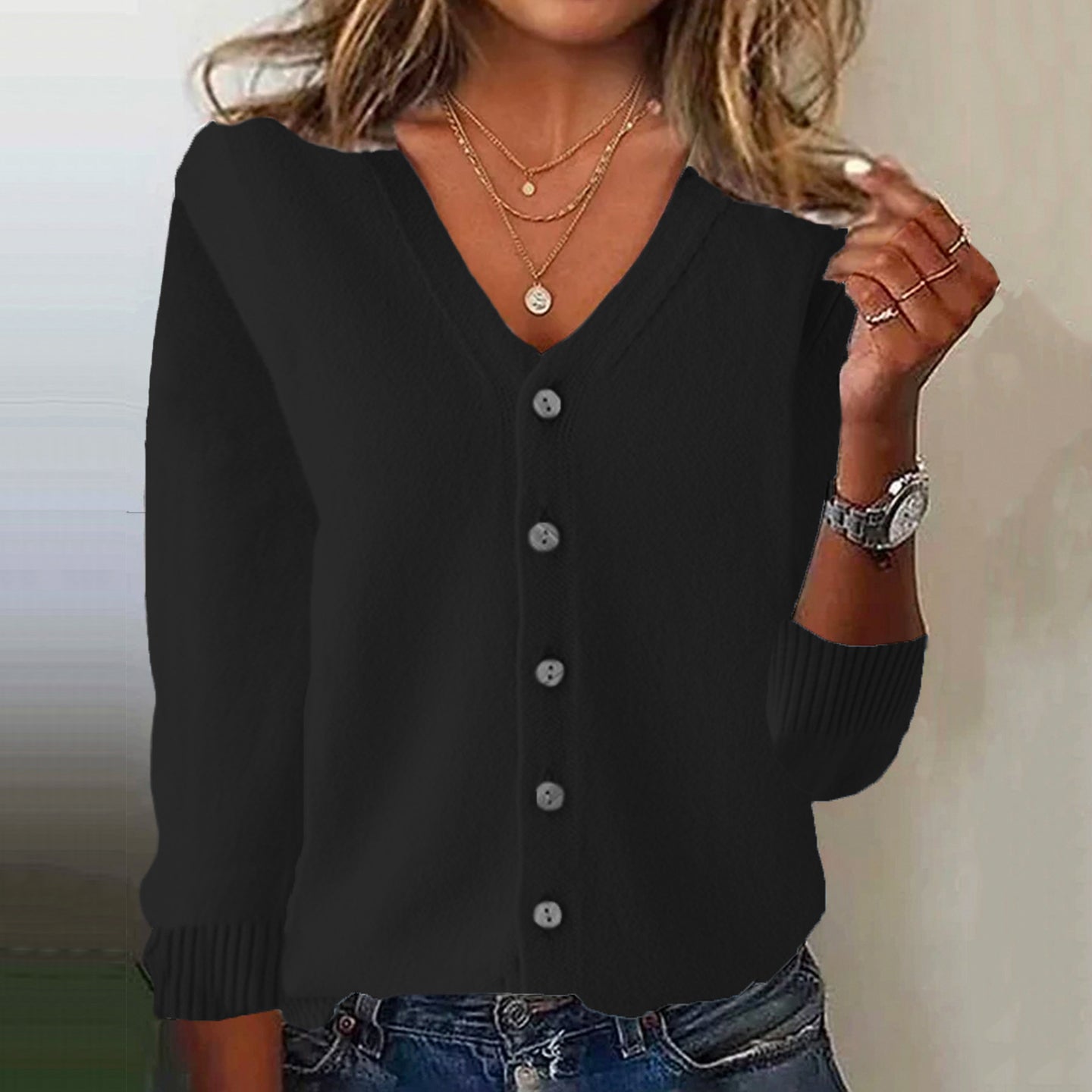 Women's Pink V Neck Button Down Cozy Sweater artswardrobe