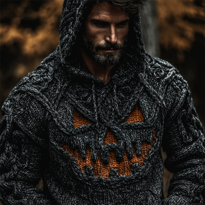 Men's Halloween Pumpkin Face Viking Celtic Cozy Knit Hooded Sweater artswardrobe