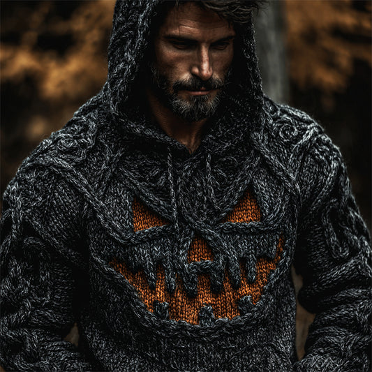 Men's Halloween Pumpkin Face Viking Celtic Cozy Knit Hooded Sweater elevenforest