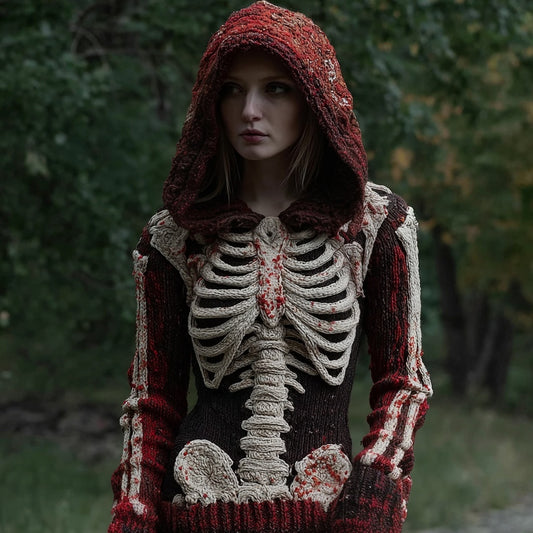 Halloween Bloody Skeleton Cozy Knit Hooded Sweater artswardrobe