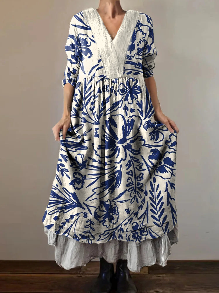 Women's Vintage Floral Art Print V-Neck Button Pocket Cotton Dress