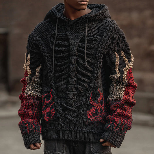 Halloween Skeleton Flame Inspired Jacquard Knit Hooded Sweater artswardrobe
