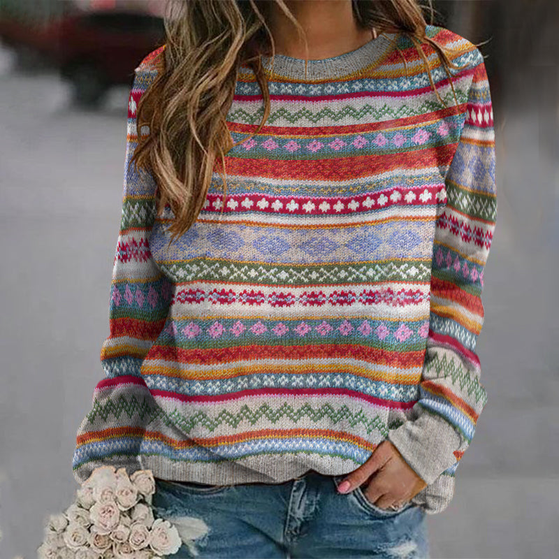 Ethnic Style Contrast Jacquard Round Neck Sweater elevenforest
