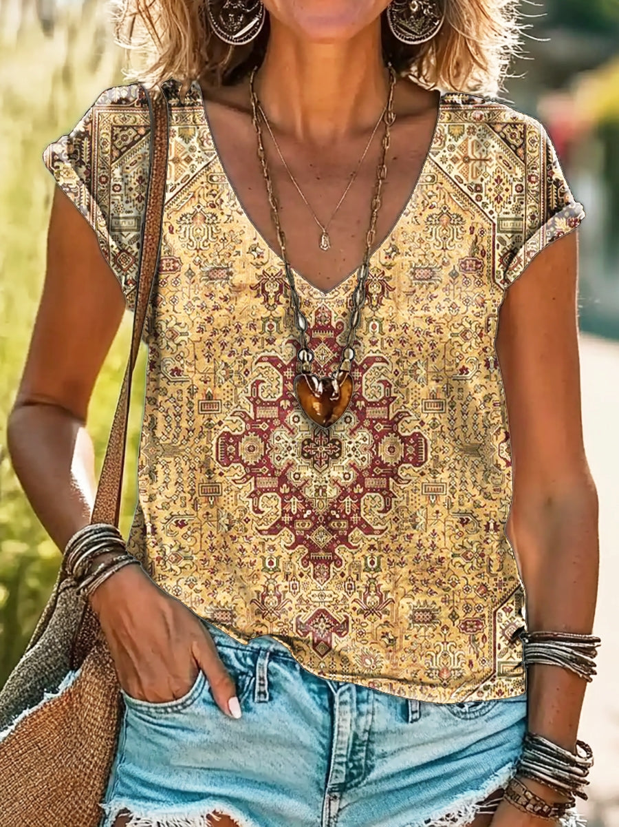 Women's Ethnic Totem Art Print 100% Cotton V-Neck T-Shirt