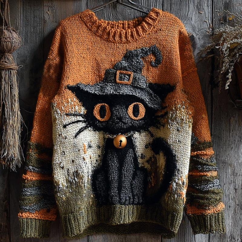 Halloween Cute Witch Cats Art Cozy Knit Sweater elevenforest