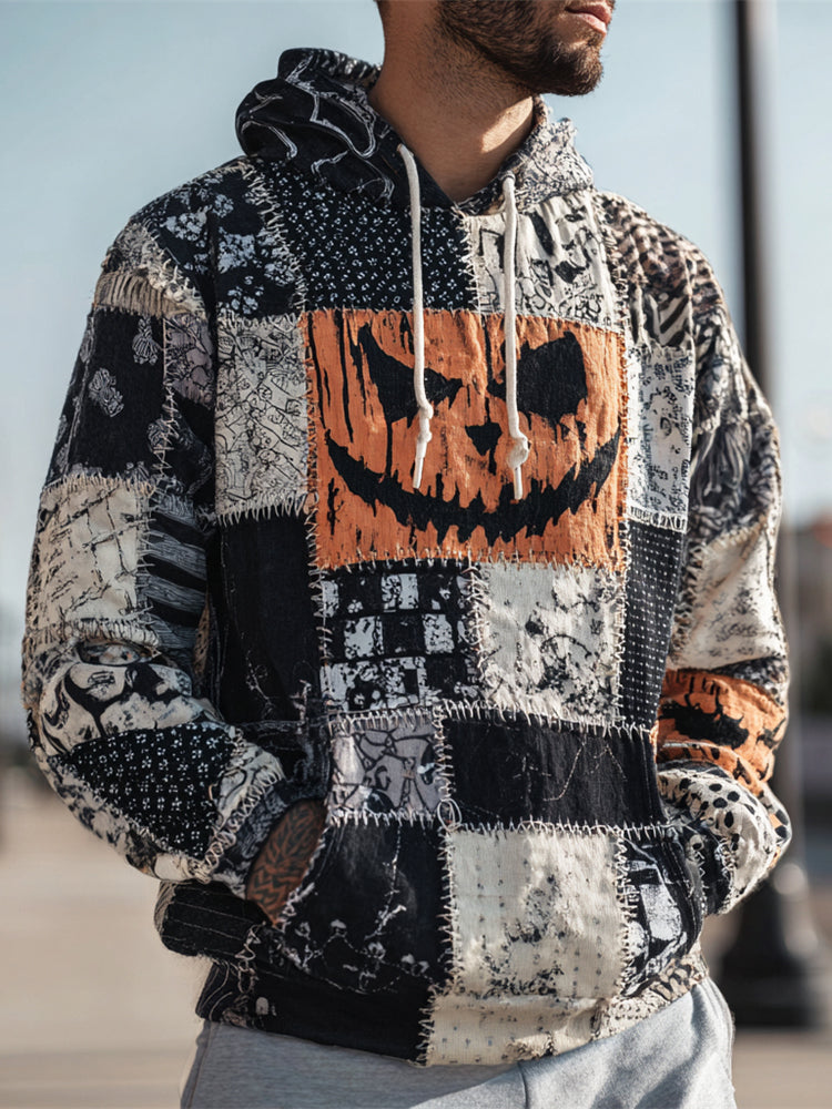 Halloween Pumpkin Emoji Stitching Irregular Patchwork Men's Hoodie artswardrobe