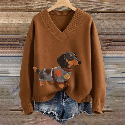 Vintage Dachshund Felt In Gradient Art Inspired Embroidered Cozy Knit Sweater artswardrobe