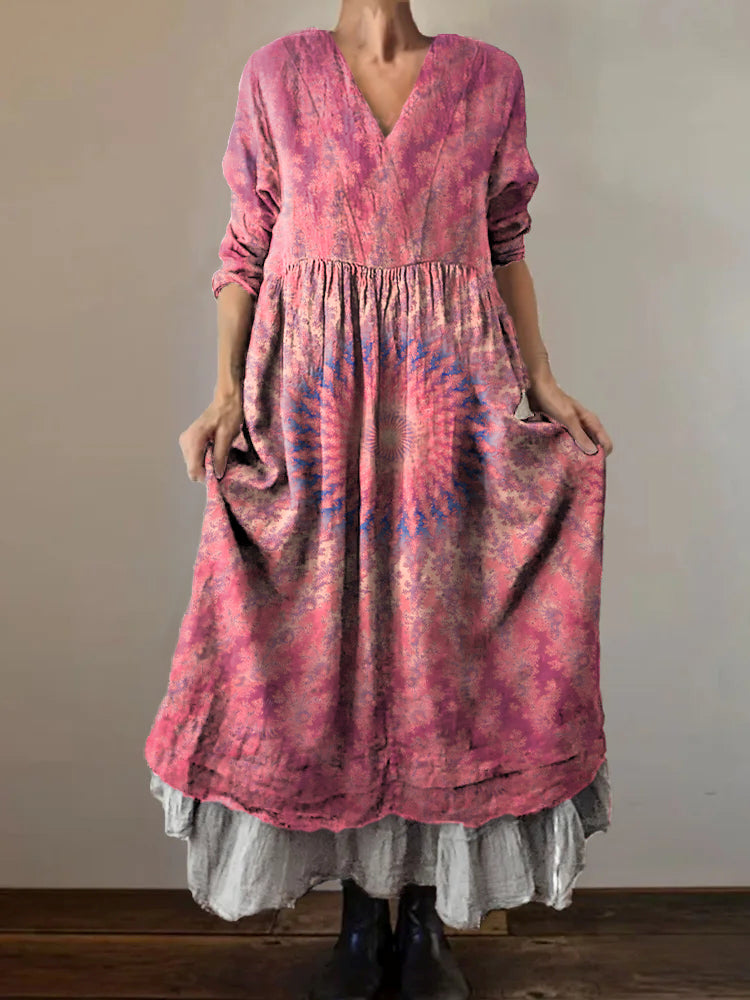 Women's Kaleidoscope Tie Dye Art Print V-Neck Button Pocket Cotton Dre