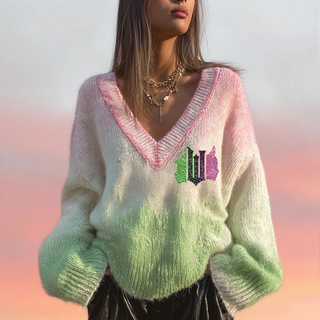 Halloween 2025 Witches Glitter Embroidered V Neck Sweater artswardrobe