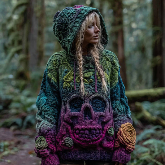 Women's Vintage Viking Skull And Rose Gradient Knit Hooded Sweater artswardrobe