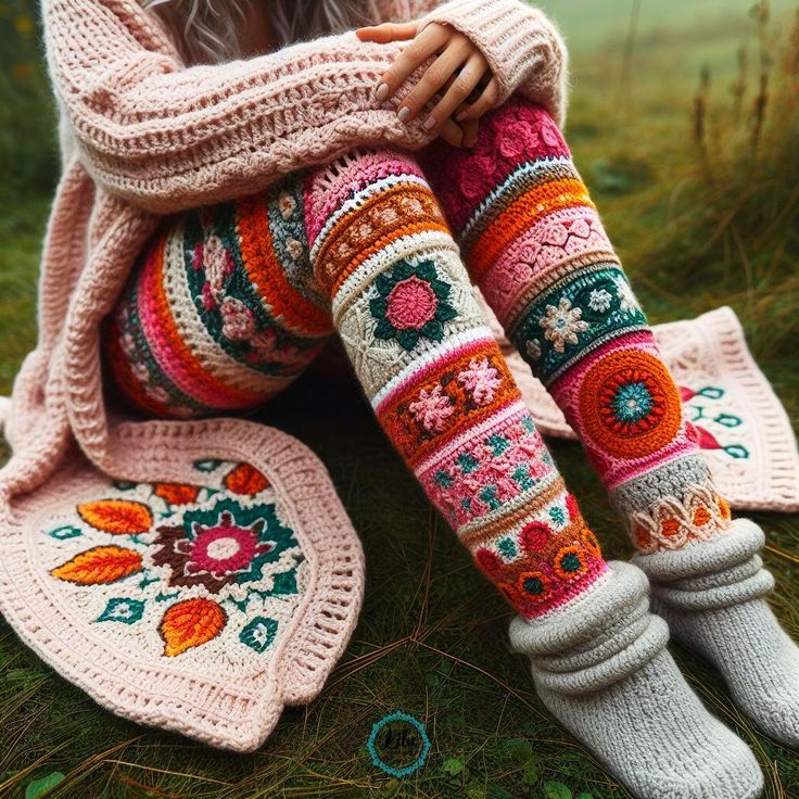 Vintage Crochet Colorblock Patchwork Floral And Leaf Cozy Knit Leggings elevenforest