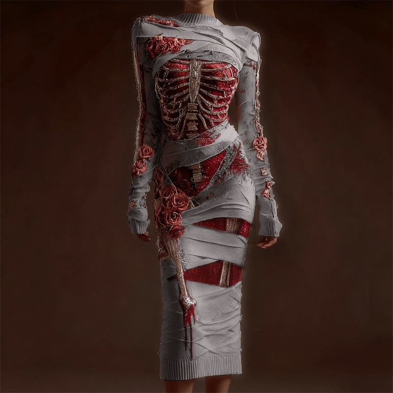 Classy Skeleton Anatomy Bloody Roses Bandages Maxi Sweater Dress artswardrobe