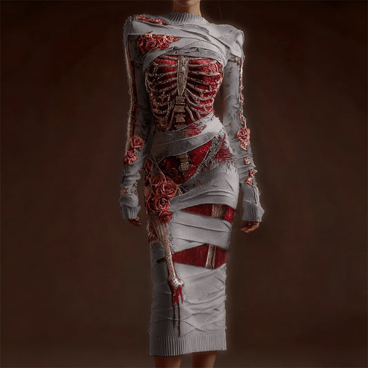 Classy Skeleton Anatomy Bloody Roses Bandages Maxi Sweater Dress artswardrobe