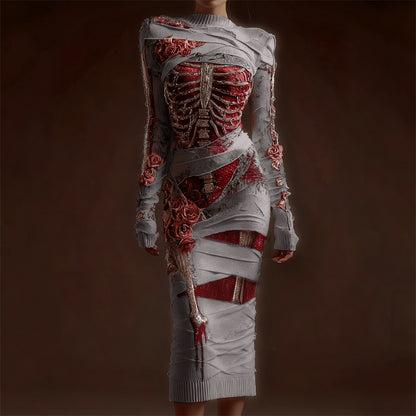 Comstylish Classy Skeleton Anatomy Bloody Roses Bandages Maxi Sweater Dress