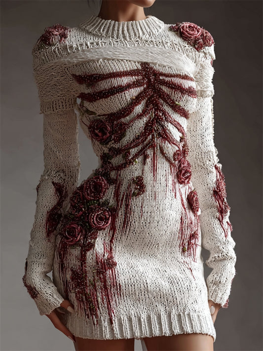 Classy Bloody Skeleton Anatomy Roses Beaded Bandages Sweater Dress artswardrobe