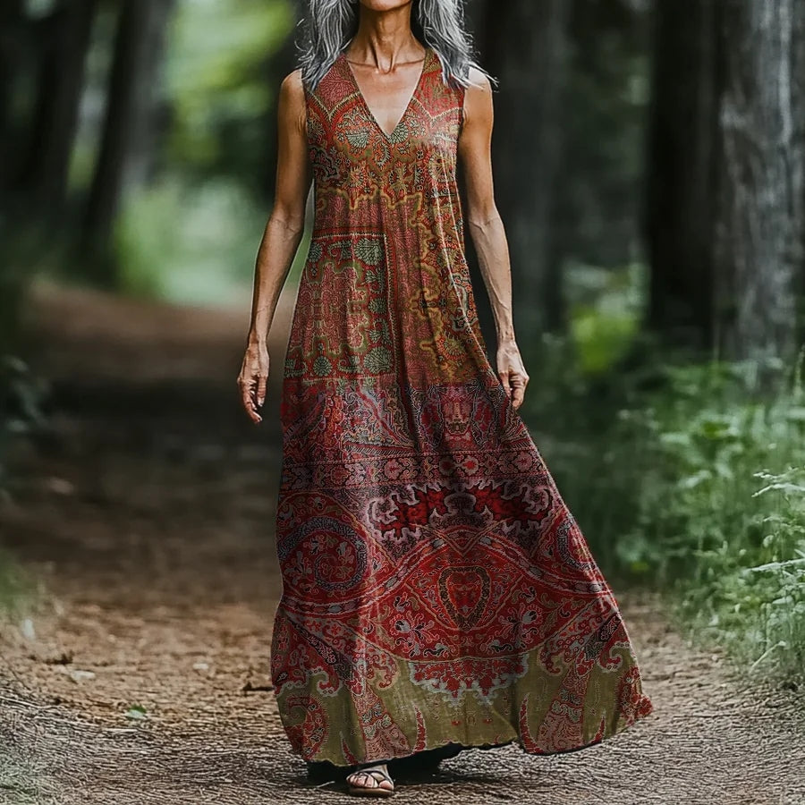Women's Vintage Western Ethnic Print V-neck Midi Dress artswardrobe