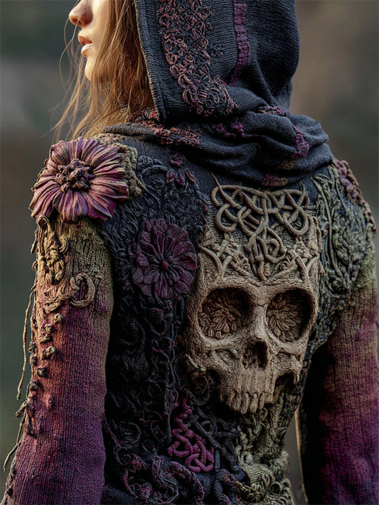 Vintage Skull Floral Celtic Gradient Cozy Knit Hooded Sweater elevenforest