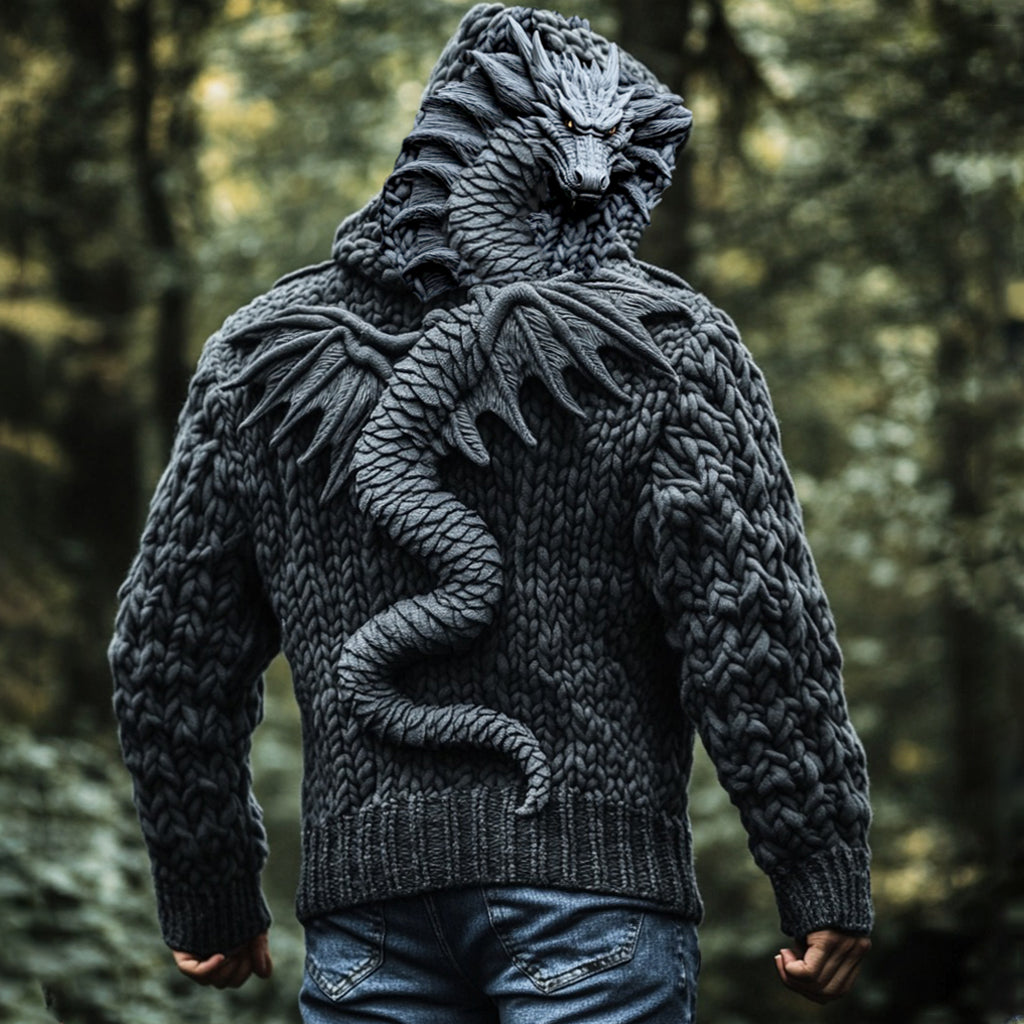 Men's Dragon Viking Chunky Knit Hooded Sweater elevenforest
