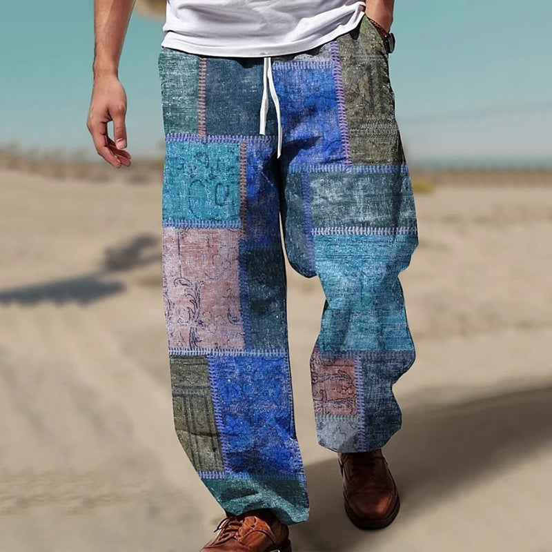 Vintage Geometric Color Block Art Graphic Linen Pants artswardrobe