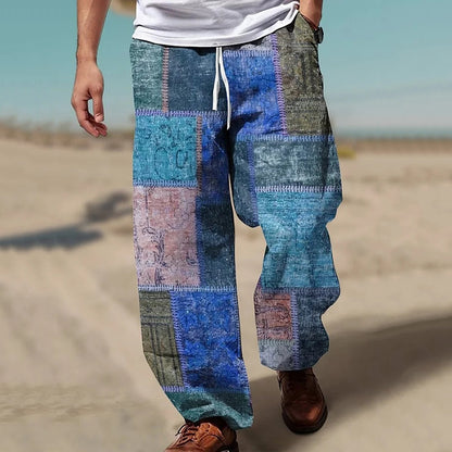 Vintage Geometric Color Block Art Graphic Linen Pants artswardrobe