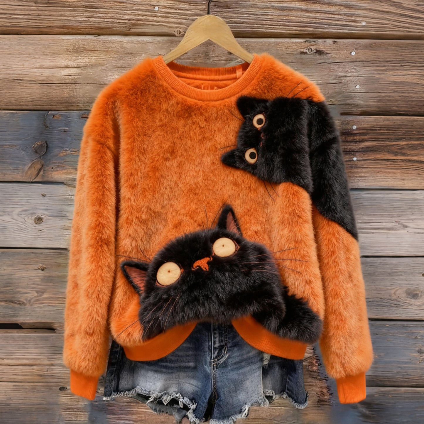 Comstylish Cute Cat Plush Crew Neck Sweater