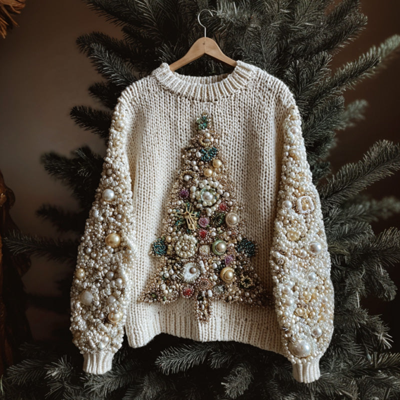 Christmas Tree Embroidered Pearl Crew Neck Sweater artswardrobe