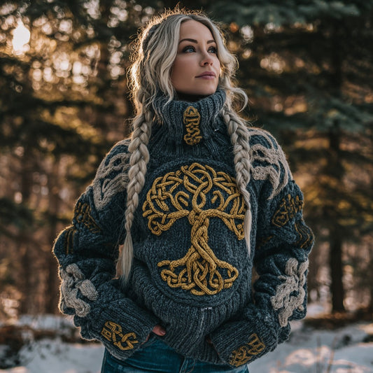 Women's Viking Celtic Knot Tree Of Life Knitted Jacquard Warm Turtleneck Sweater elevenforest