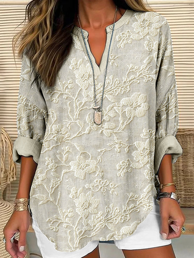 Comstylish Vintage Floral Lace Embroidered Linen Blend Comfy Tunic