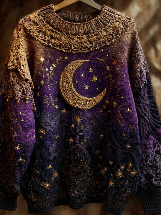 Mystical Celestial Glitter Moon & Stars Cozy Knit Sweater artswardrobe