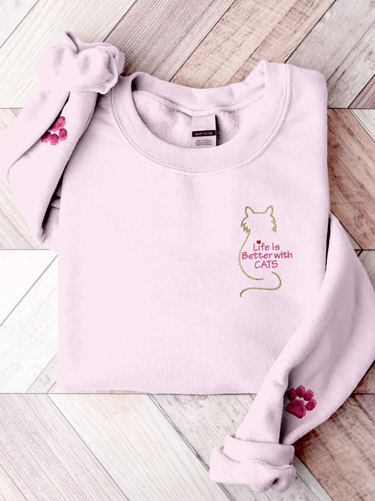 Comstylish Life Is Better With Cats Embroidered Comfy Sweatshirt