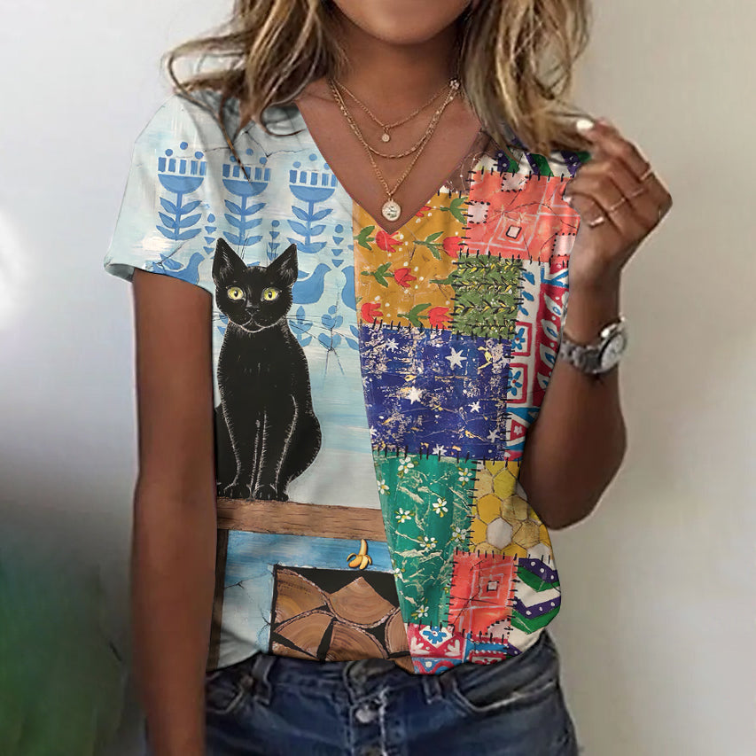 Comstylish Women's Vintage Funny Cat Floral Patch T-shirt