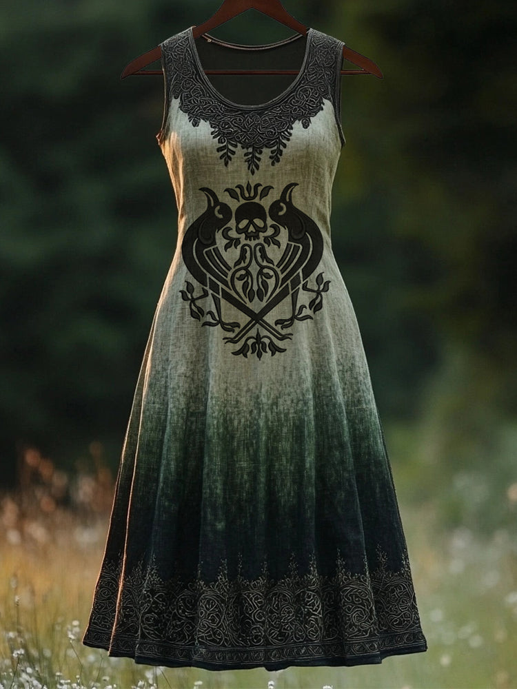 Vintage Nordic Raven Embroidered Gradient Linen Maxi Dress artswardrobe