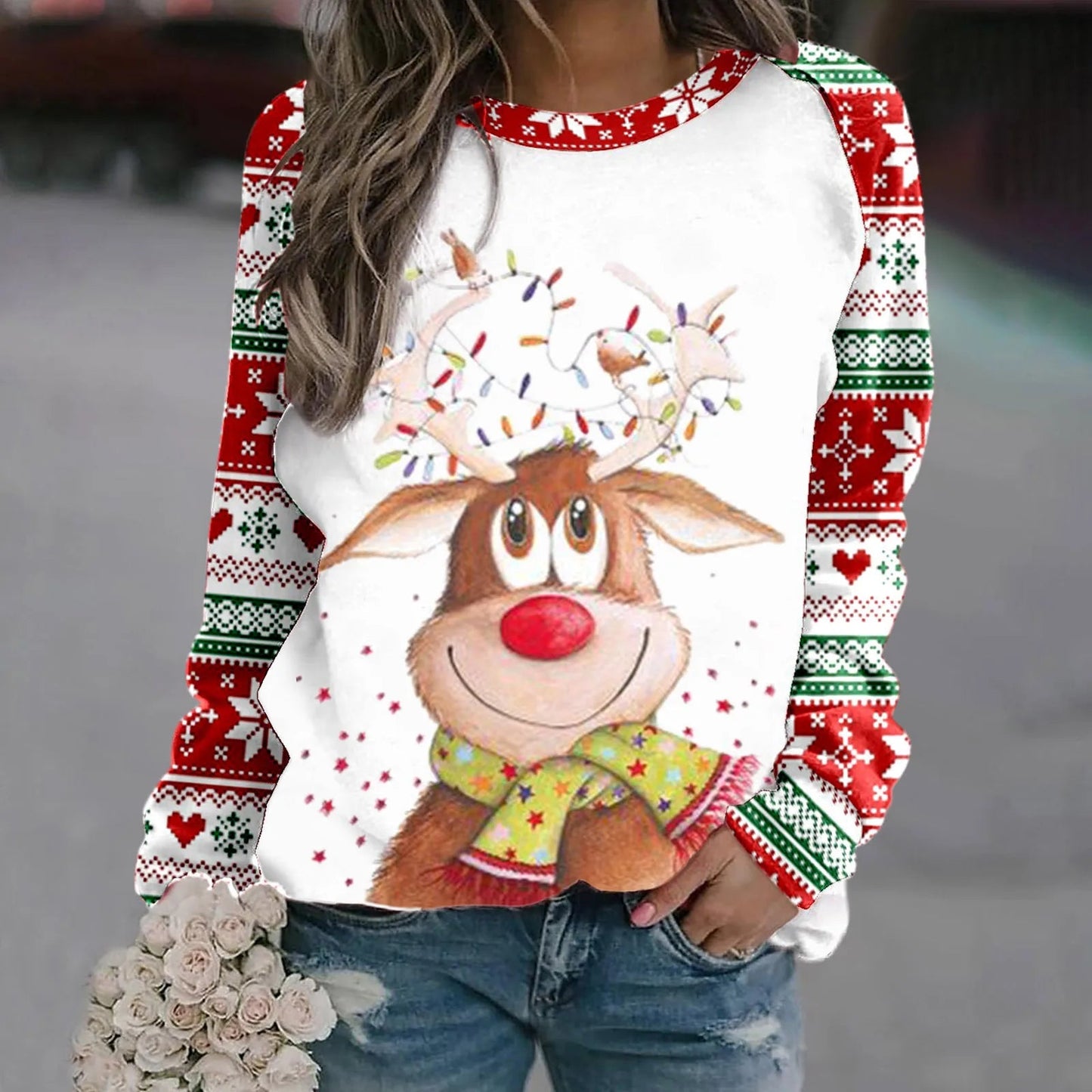 Sara® | Warm 3D printed Christmas reindeer crew neck sweater for women