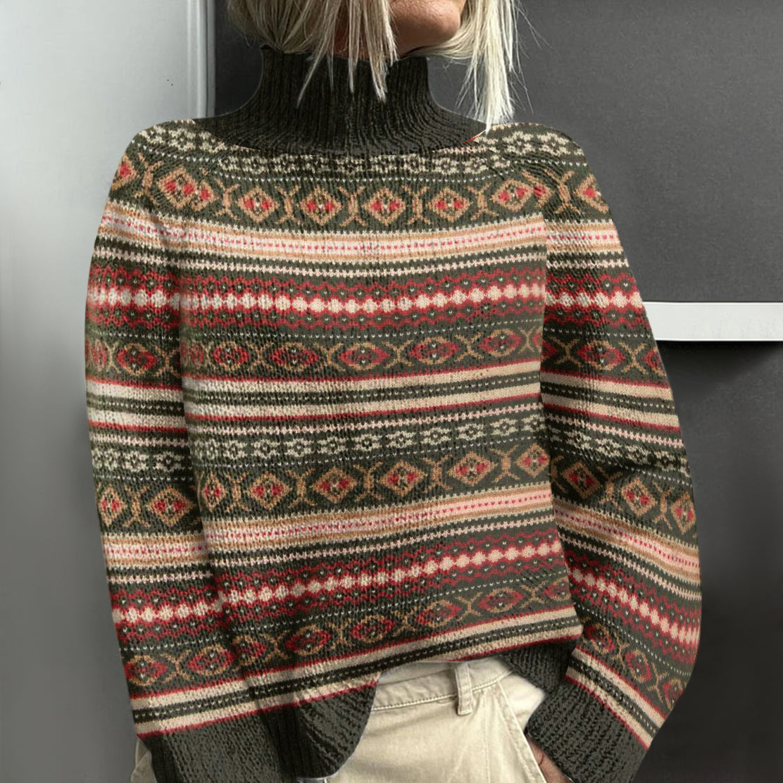 Vintage Icelandic Pattern Knitted Warm Turtleneck Sweater artswardrobe
